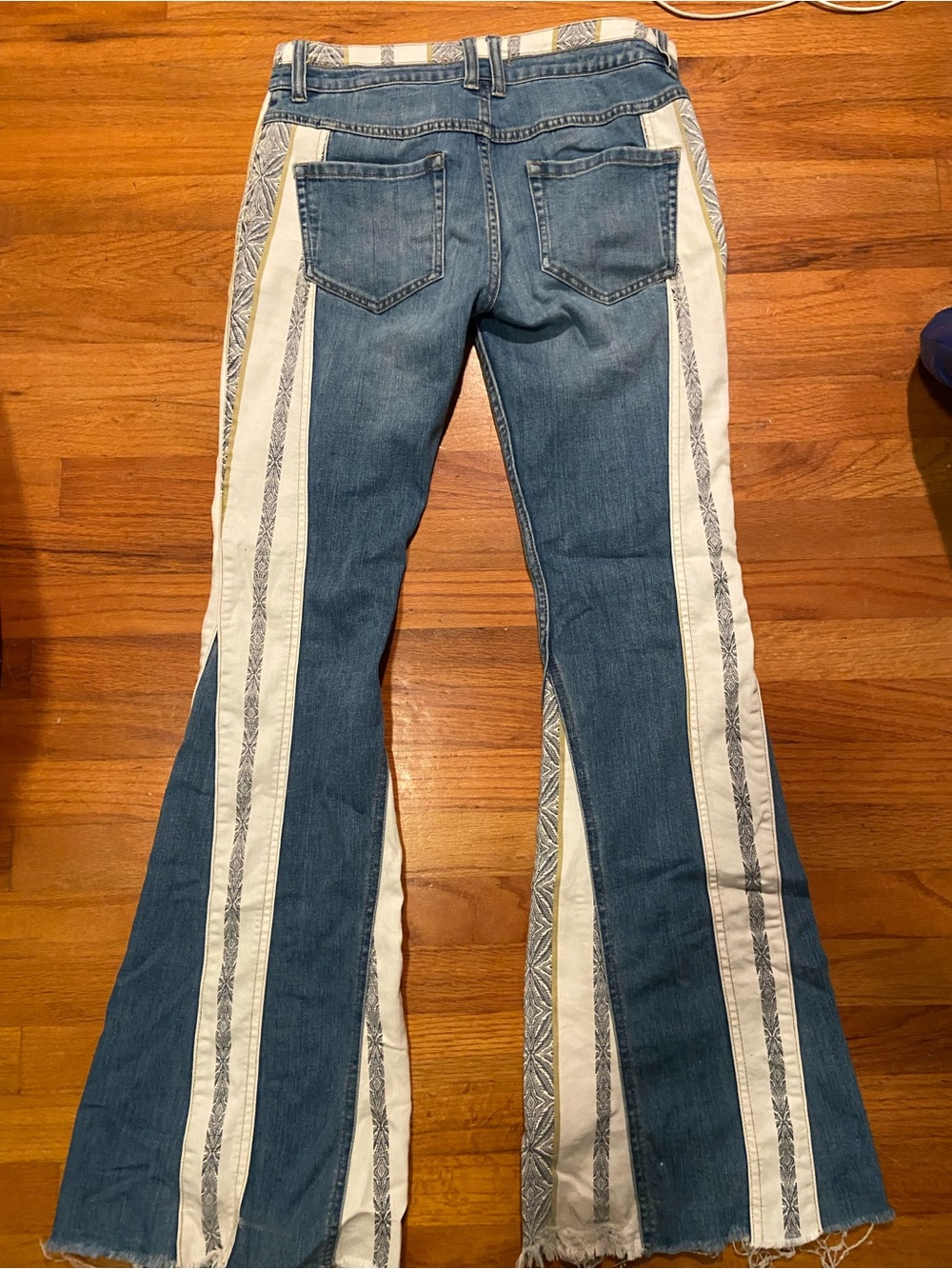 Free People Blue Denim Flare Jeans with Cream Stripe Insets - Picture 2 of 6